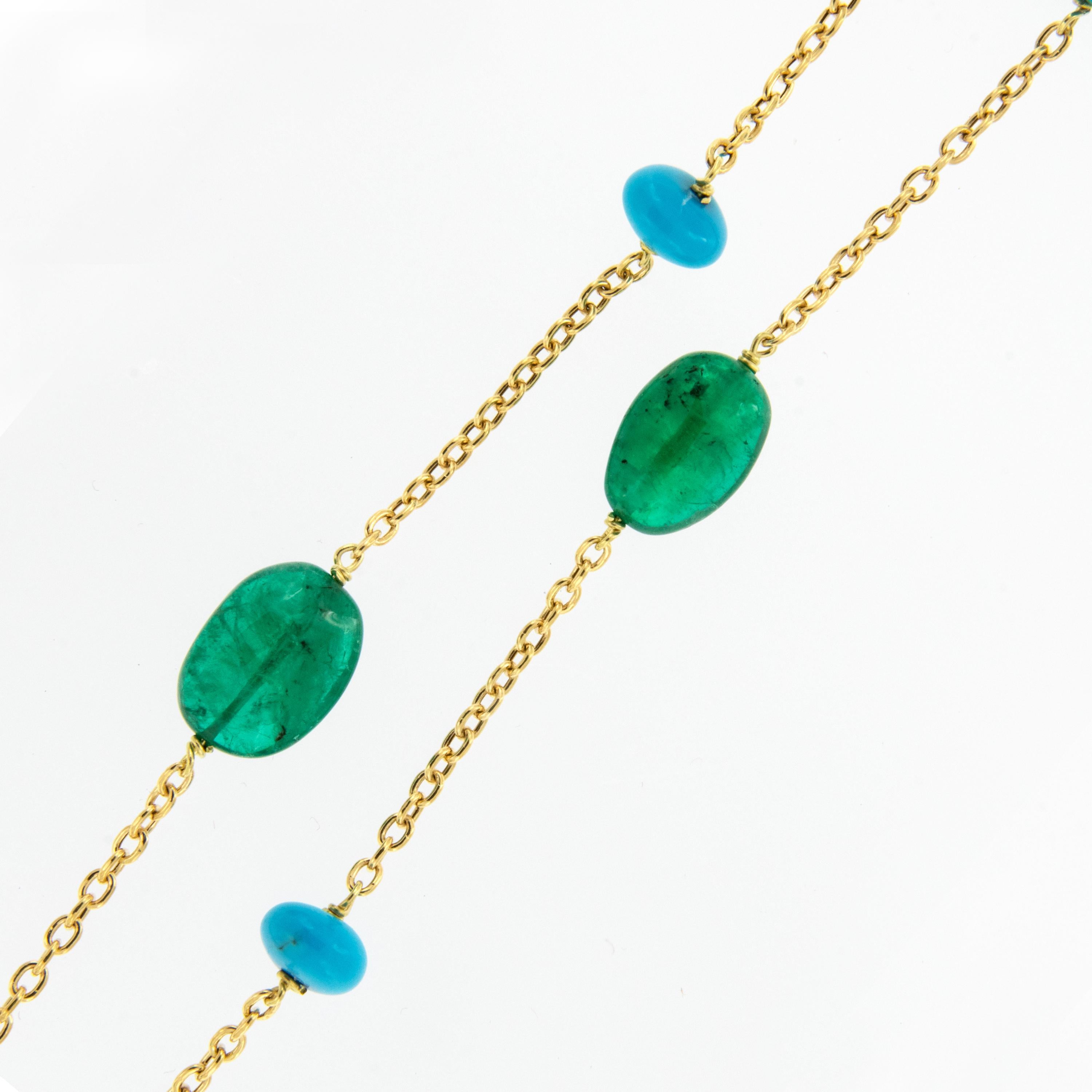 Contemporary 18 Karat Yellow Gold Sleeping Beauty Turquoise and Emerald Necklace by Goshwara