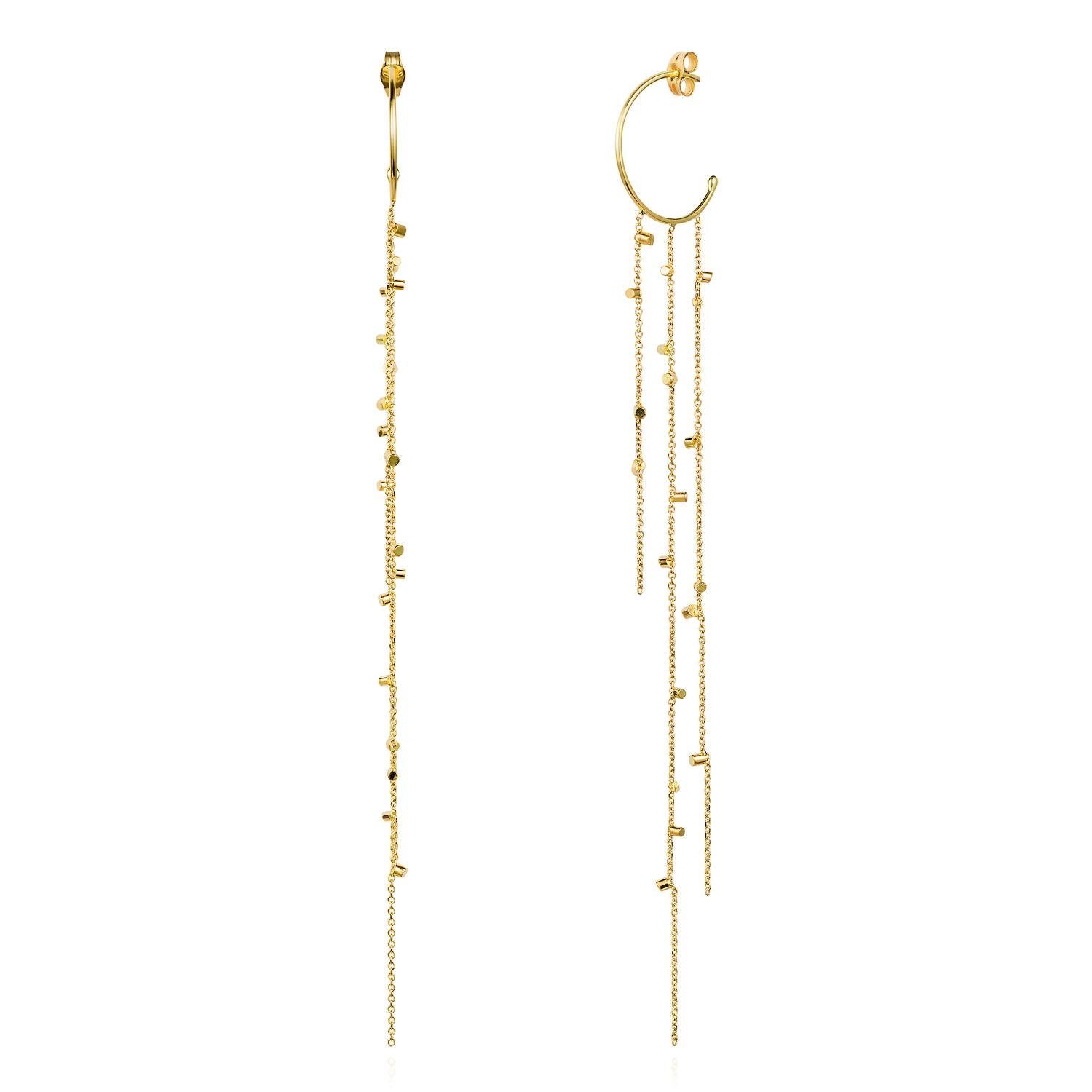 A pair of 18k yellow gold small hoop earrings with long strands of fine chain sprinkled with a shimmering of gold embellishments. These fabulous hooplets are 1.4cm diameter and the length of each earring is 9.5cm. From Sweet Pea's Gold Dust