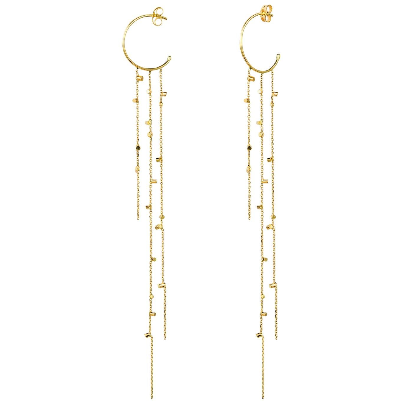 18 Karat Yellow Gold Small Hoop Earrings with Long Gold Dust Chains For Sale
