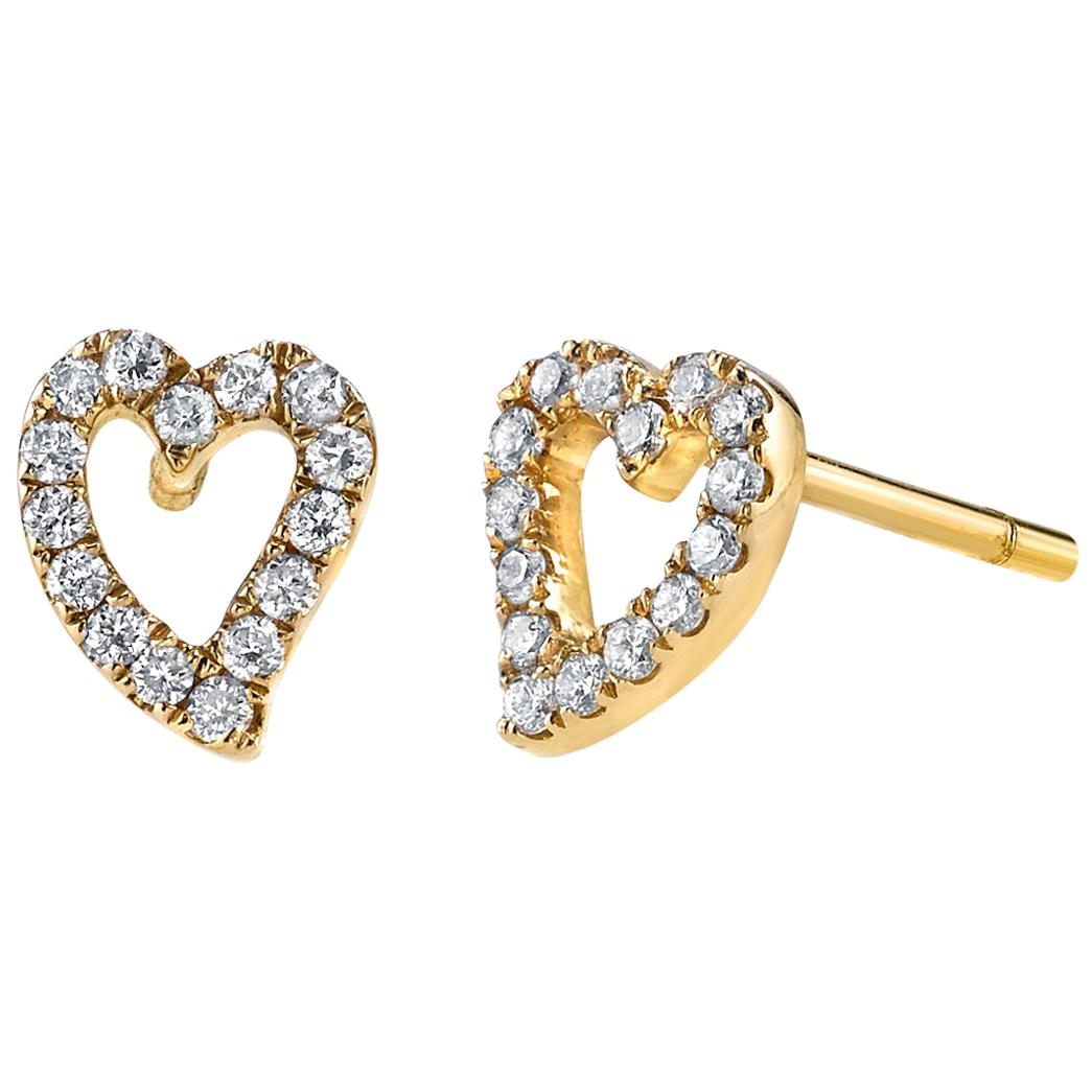 18 Karat Yellow Gold, Small Pave Diamond Heart Studs For Sale