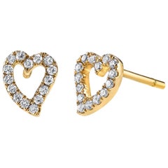 18 Karat Yellow Gold, Small Pave Diamond Heart Studs