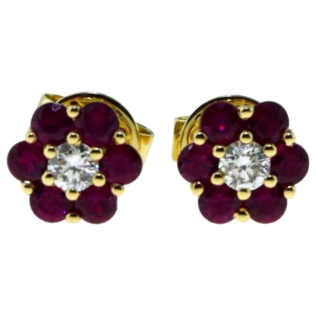 18 Karat Yellow Gold Small Set Ruby and Diamond Flower Mini Earstuds For Sale