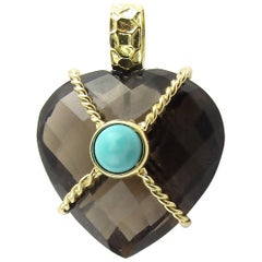 Vintage 18 Karat Yellow Gold Smoky Topaz and Turquoise Heart Pendant