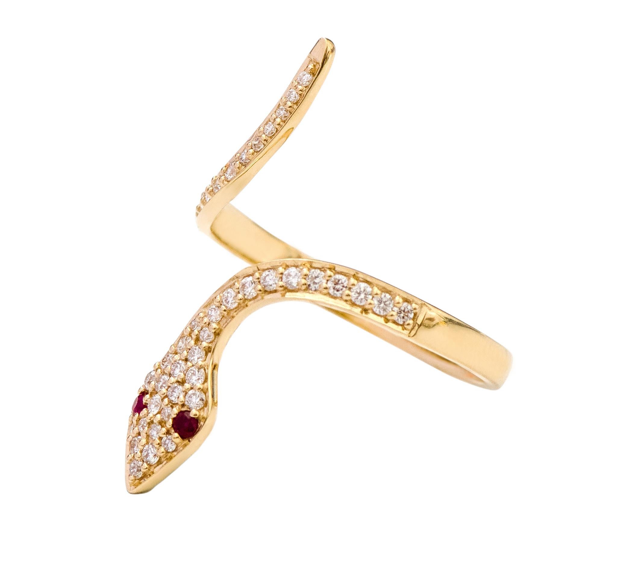 18 Karat Yellow Gold Snake Serpent Diamond and Ruby Ring 

This visceral reptile snake zigzag ring is a simple version of the cocktail broad ring. It’s elegant to the extent that it can be worn daily with the touch of regality. 

The small pave