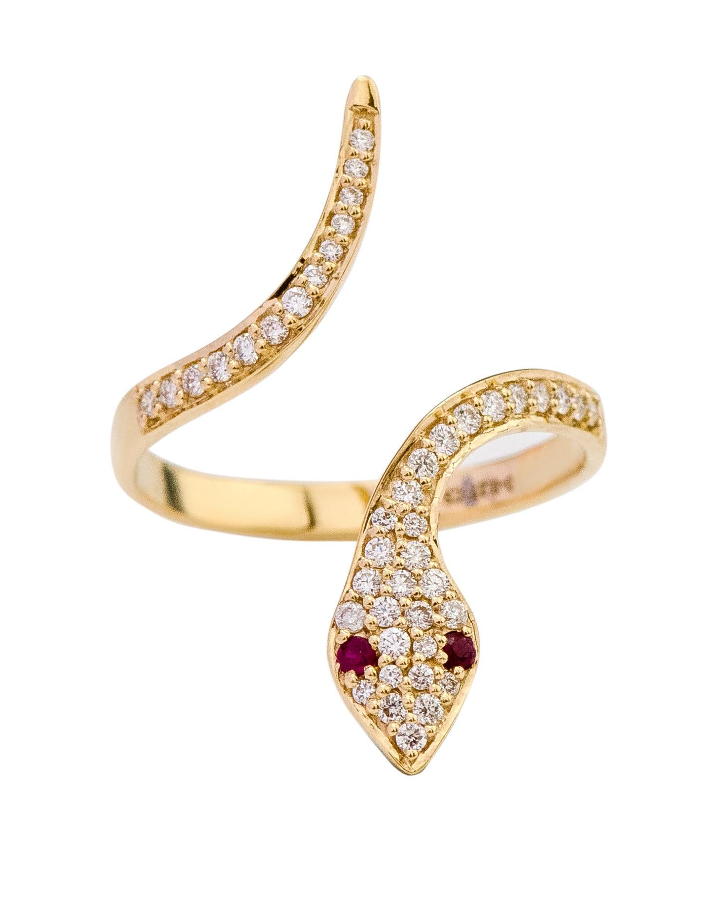 Women's 18 Karat Yellow Gold Snake Serpent Diamond and Ruby Ring For Sale
