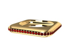 18 Karat Yellow Gold Soft Square Unisex Sculpture Ring with Rubies