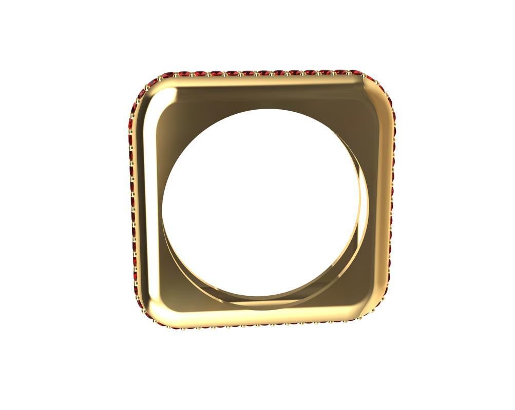 For Sale:  18 Karat Yellow Gold Soft Square Unisex Sculpture Ring with Rubies 3