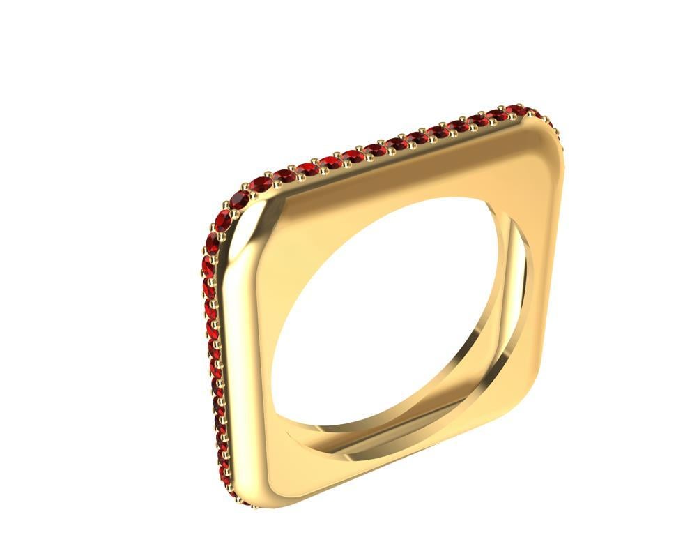 For Sale:  18 Karat Yellow Gold Soft Square Unisex Sculpture Ring with Rubies 4
