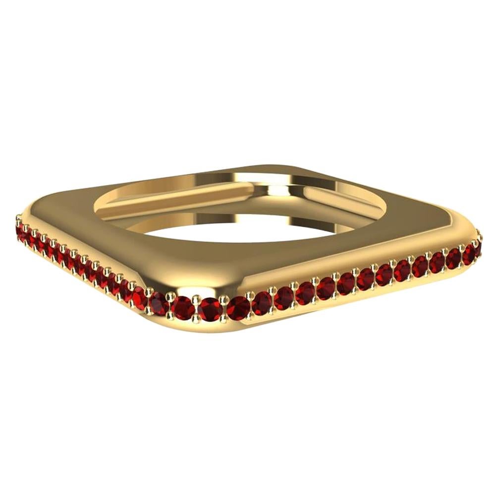 For Sale:  18 Karat Yellow Gold Soft Square Unisex Sculpture Ring with Rubies