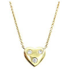  18 Karat Yellow Gold Solid Heart Pendant Necklace with Three Round Diamonds 
