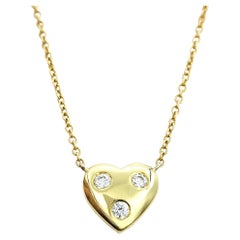 18 Karat Yellow Gold Solid Heart Pendant Necklace with Three Round Diamonds