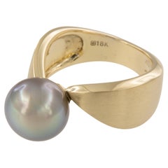18 Karat Yellow Gold Solitaire 10.7mm Tahitian Pearl Ring by ASBA