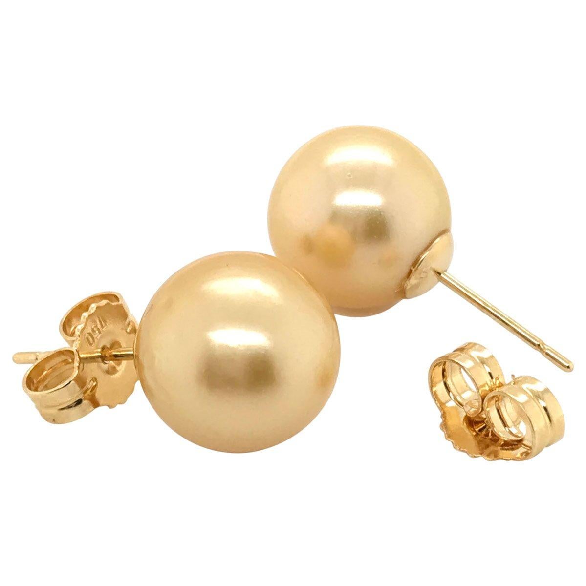 Round Cut 18 Karat Yellow Gold South Sea Gold Pearl Stud Earrings For Sale