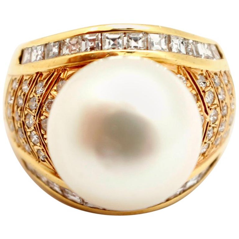18 Karat Yellow Gold, South Sea Pearl and 1.40 Carat Diamond Ring at ...