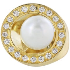 18 Karat Yellow Gold South Sea Pearl and Diamond Cluster Ring