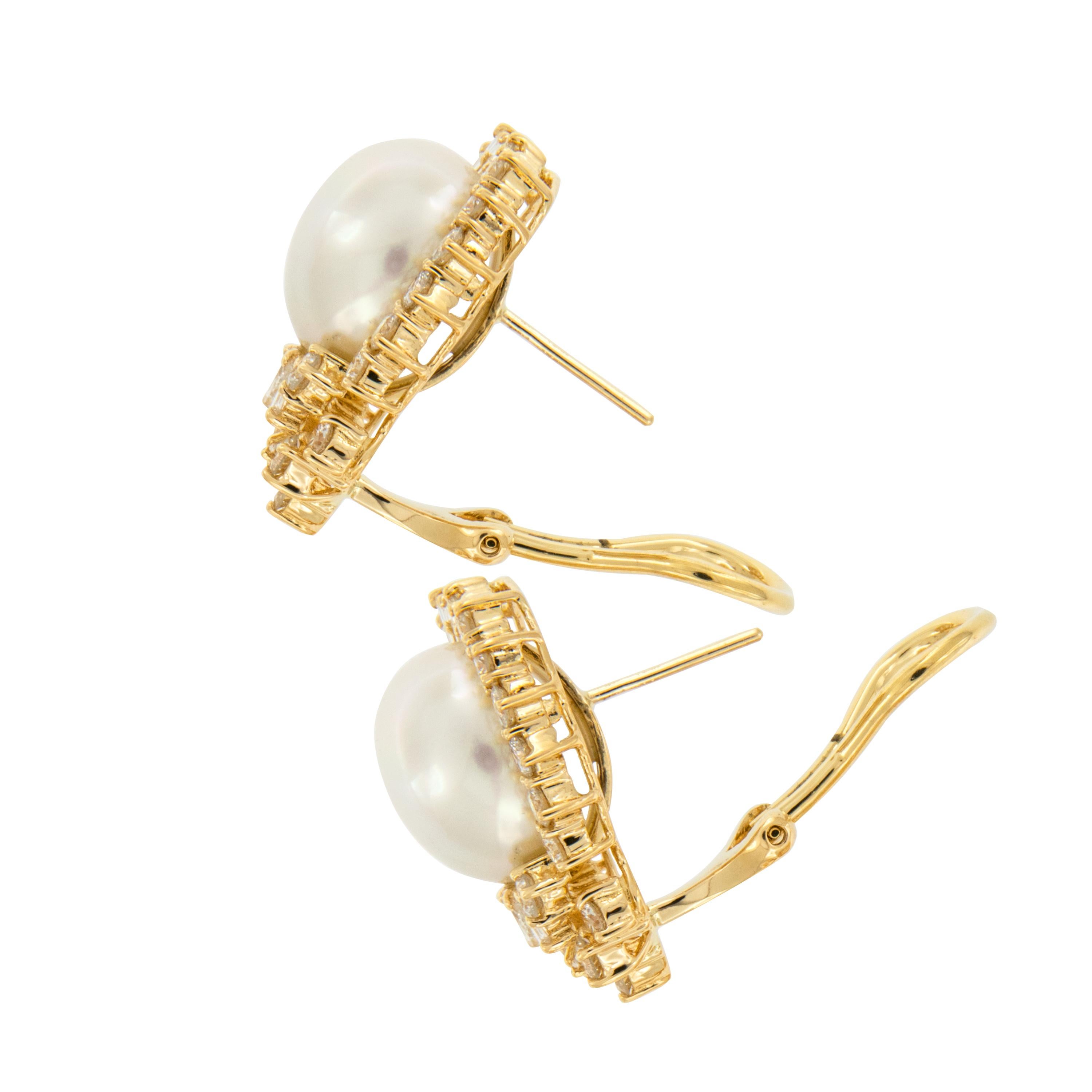 Baguette Cut 18 Karat Yellow Gold South Sea Pearl and Diamond Cocktail Earrings