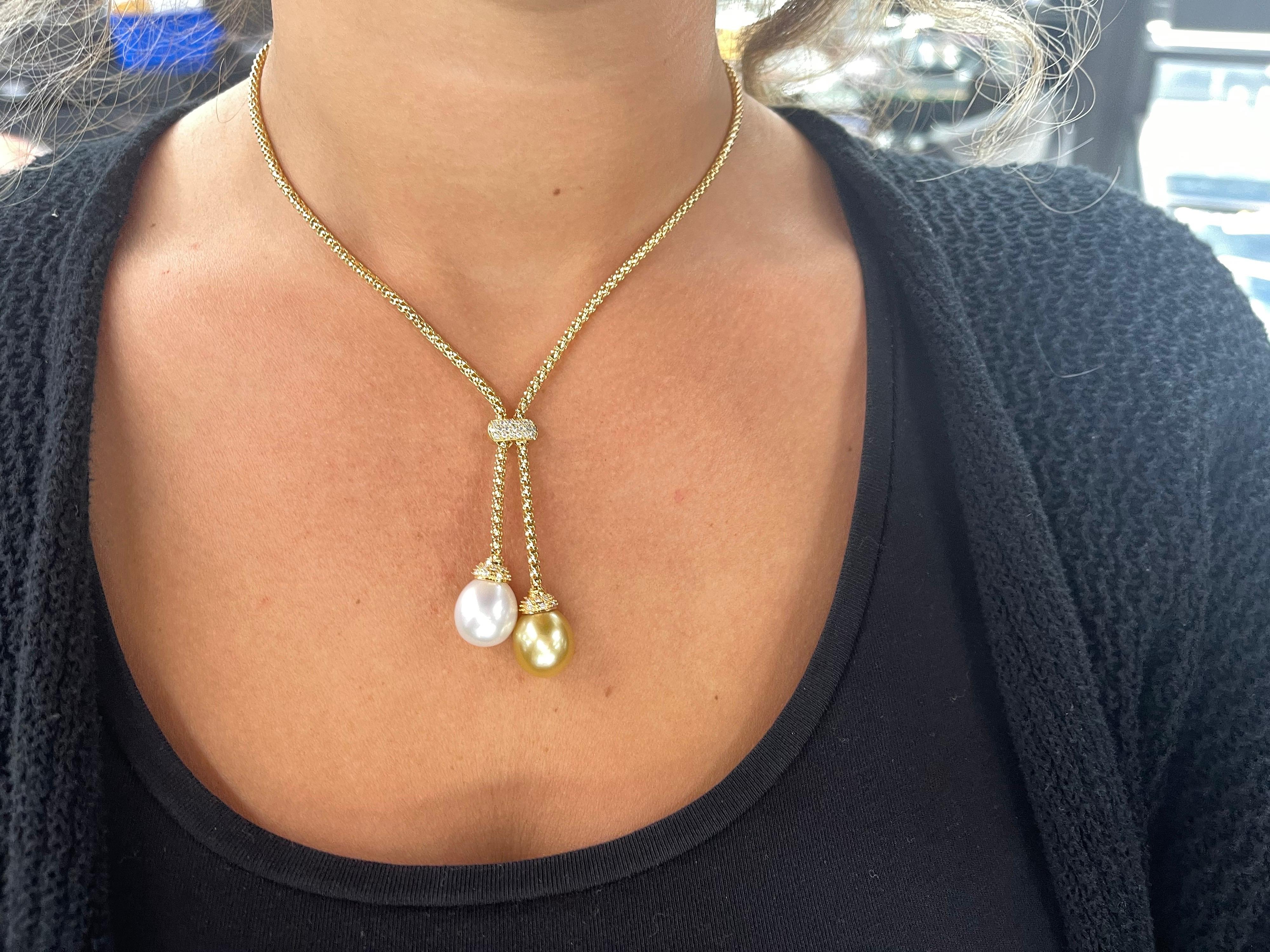 18 Karat Yellow Gold South Sea Pearl Diamond Tassel Necklace 0.27 Carats In New Condition For Sale In New York, NY