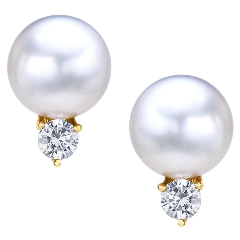 18 Karat Yellow Gold South Sea Pearl Earrings with Diamonds .72 Carat