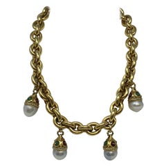 18 Karat Yellow Gold South Sea Pearl, Ruby and Emerald Necklace