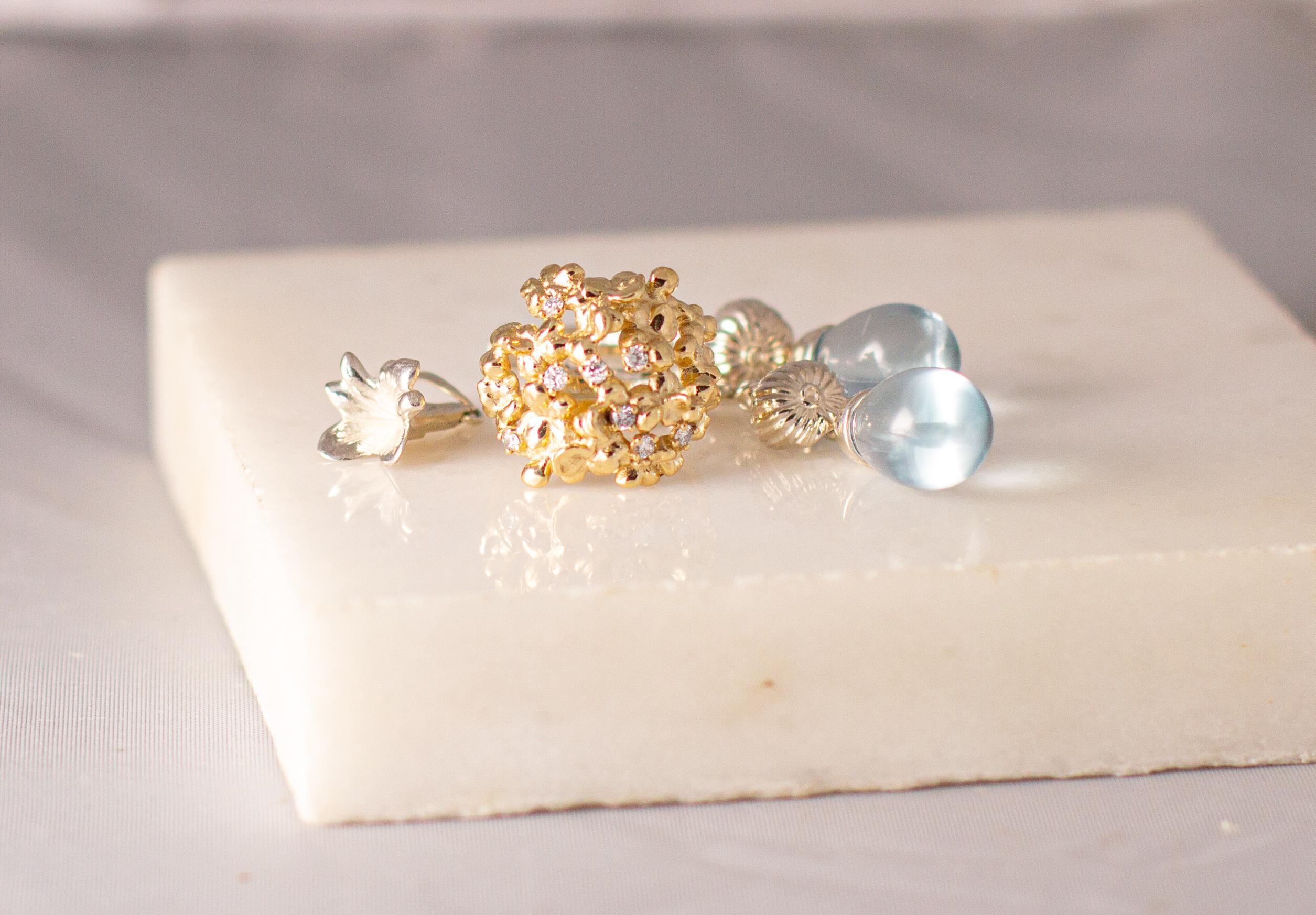 Yellow Gold Fig Garden Pearls Contemporary Earrings with Diamonds For Sale 8