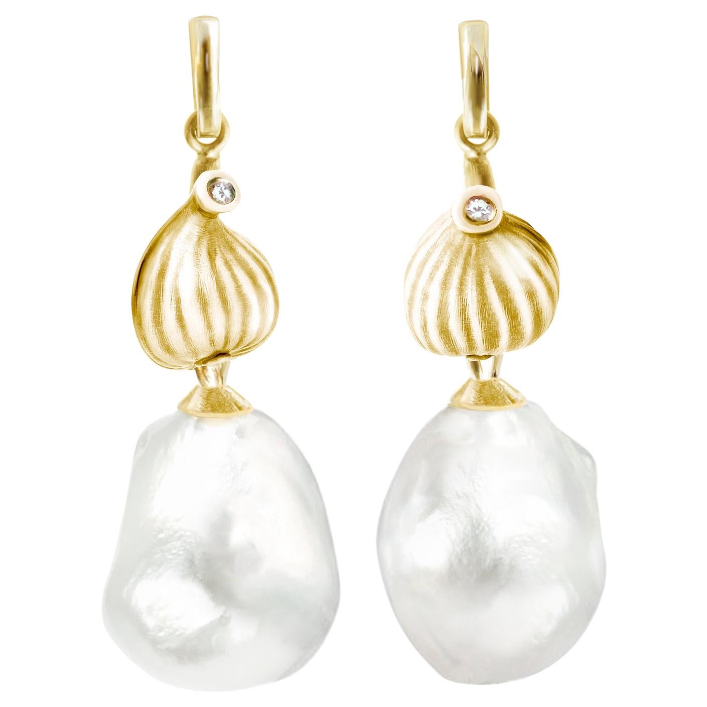 Yellow Gold Fig Resort Pearls Contemporary Earrings with Diamonds