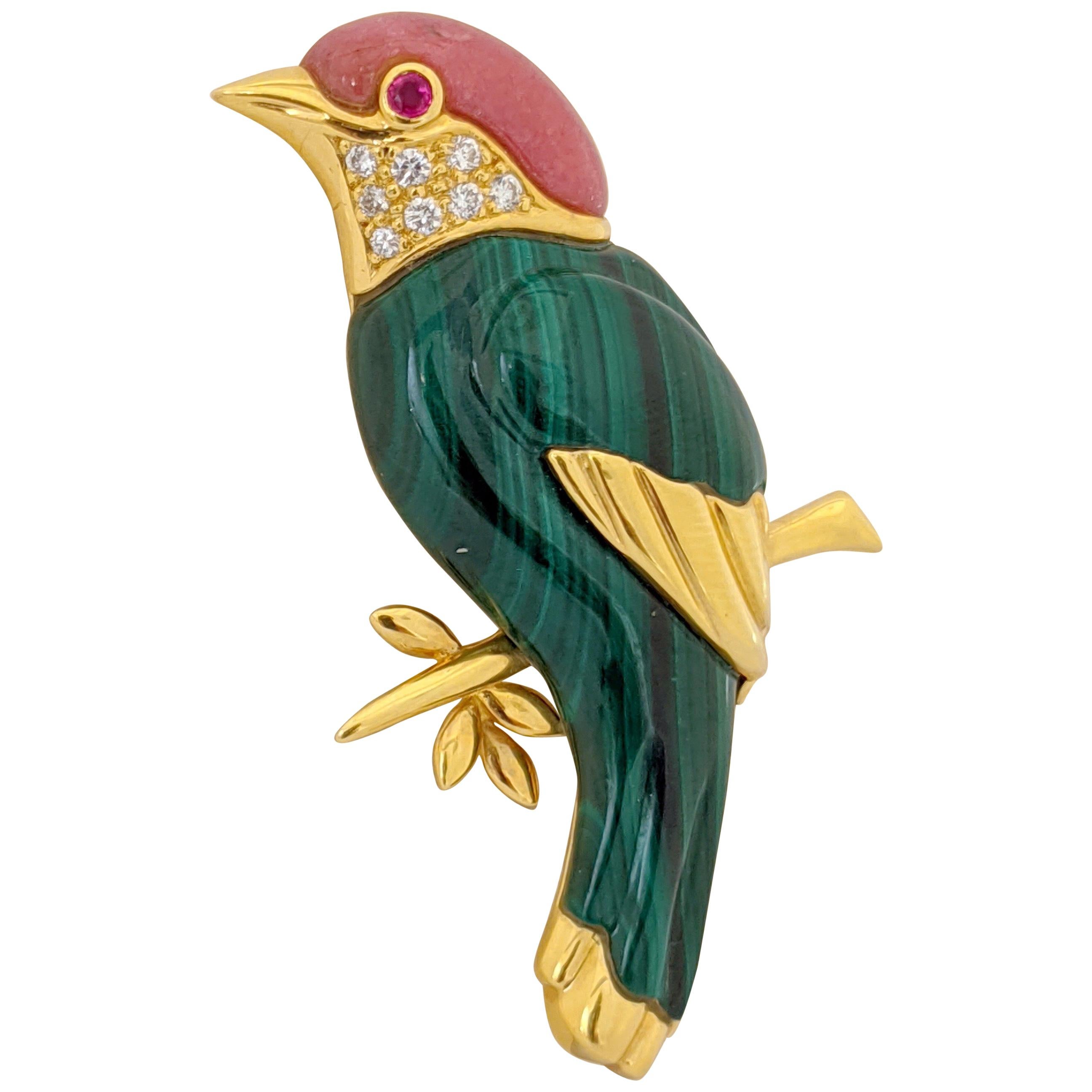 18 Karat Yellow Gold Sparrow Bird Brooch with Diamonds, Malachite and Pink Agate