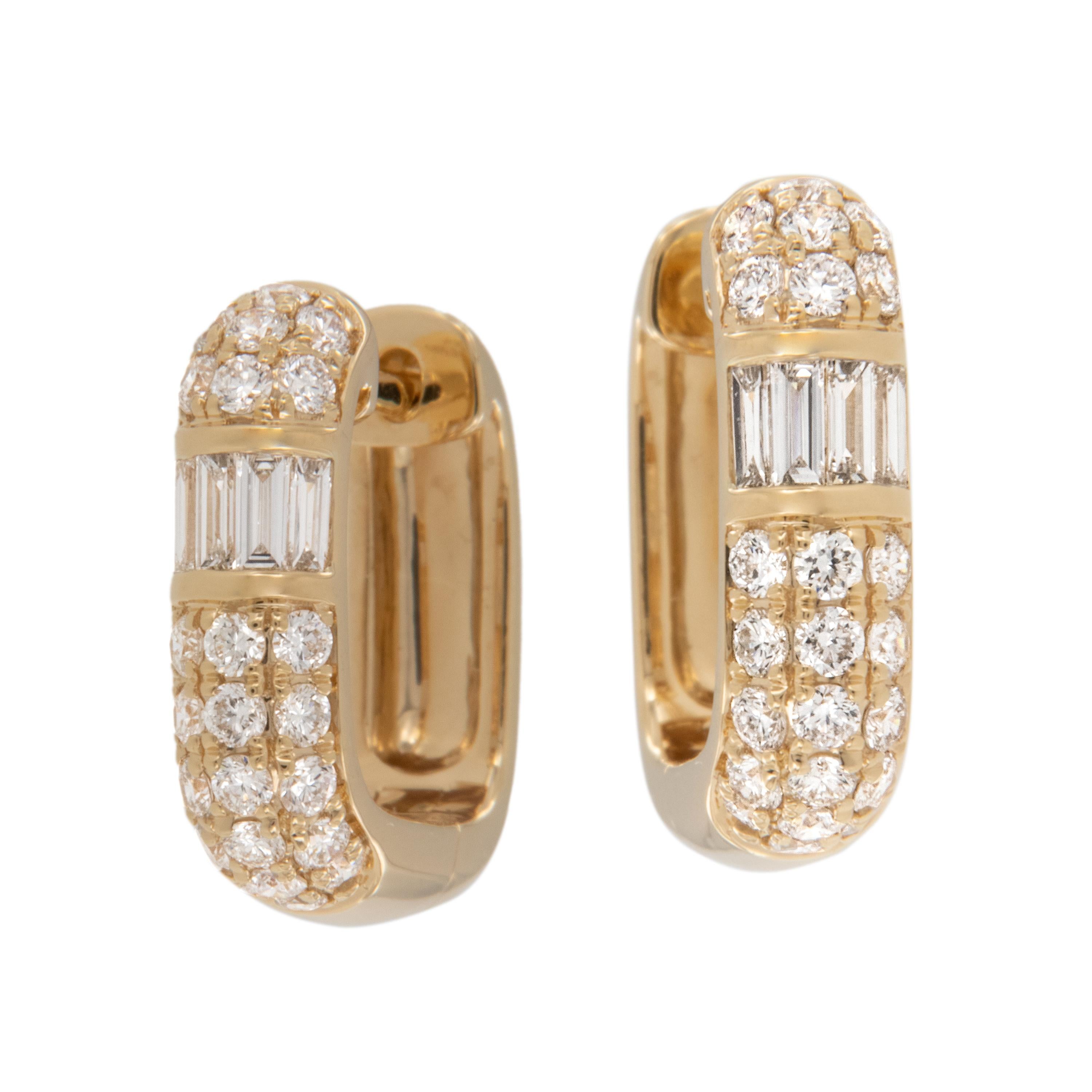Who doesn't love the combination of sleek, channel set baguette cut diamonds contrasted with pave' set round brilliant diamonds? This winning combination is made from rich 18 karat yellow gold with 0.22 Cttw baguette diamonds channel set vertically