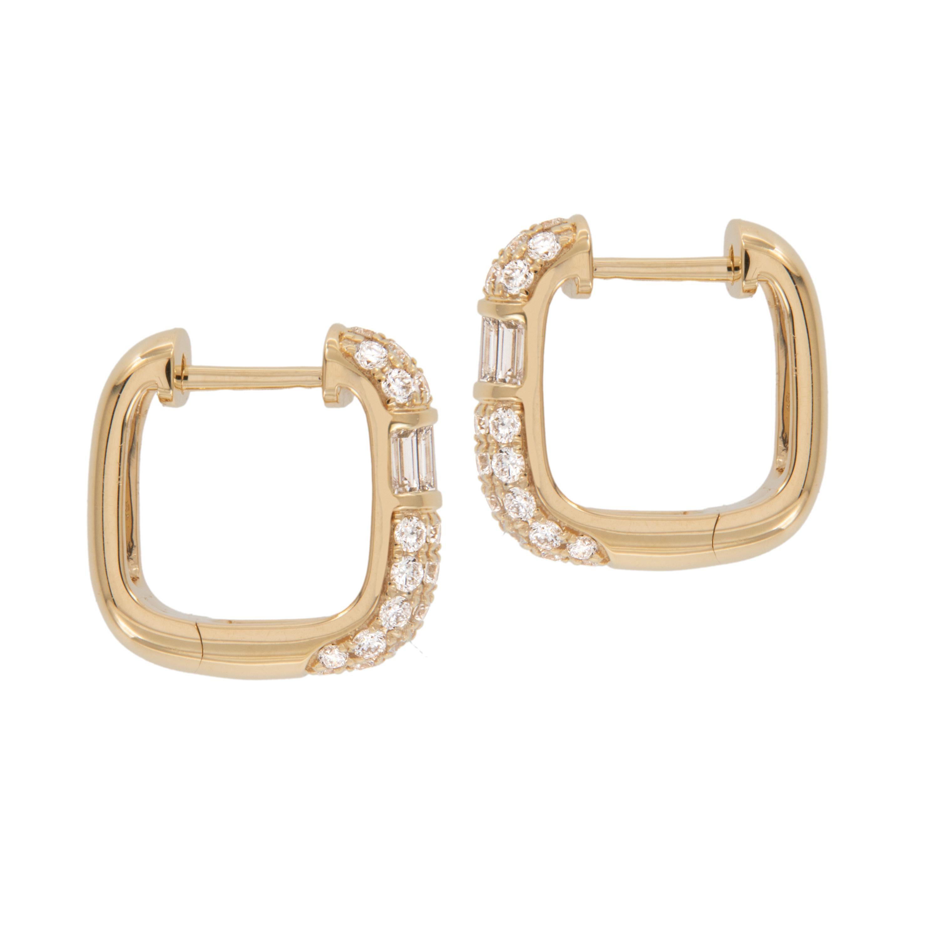 Contemporary 18 Karat Yellow Gold Square Shaped Huggie Earrings with 0.75 Cttw Diamonds For Sale