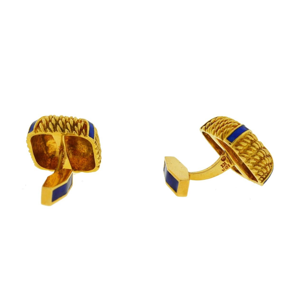 18 Karat Yellow Gold Square with X Blue Enamel Cufflinks In Excellent Condition In Boca Raton, FL