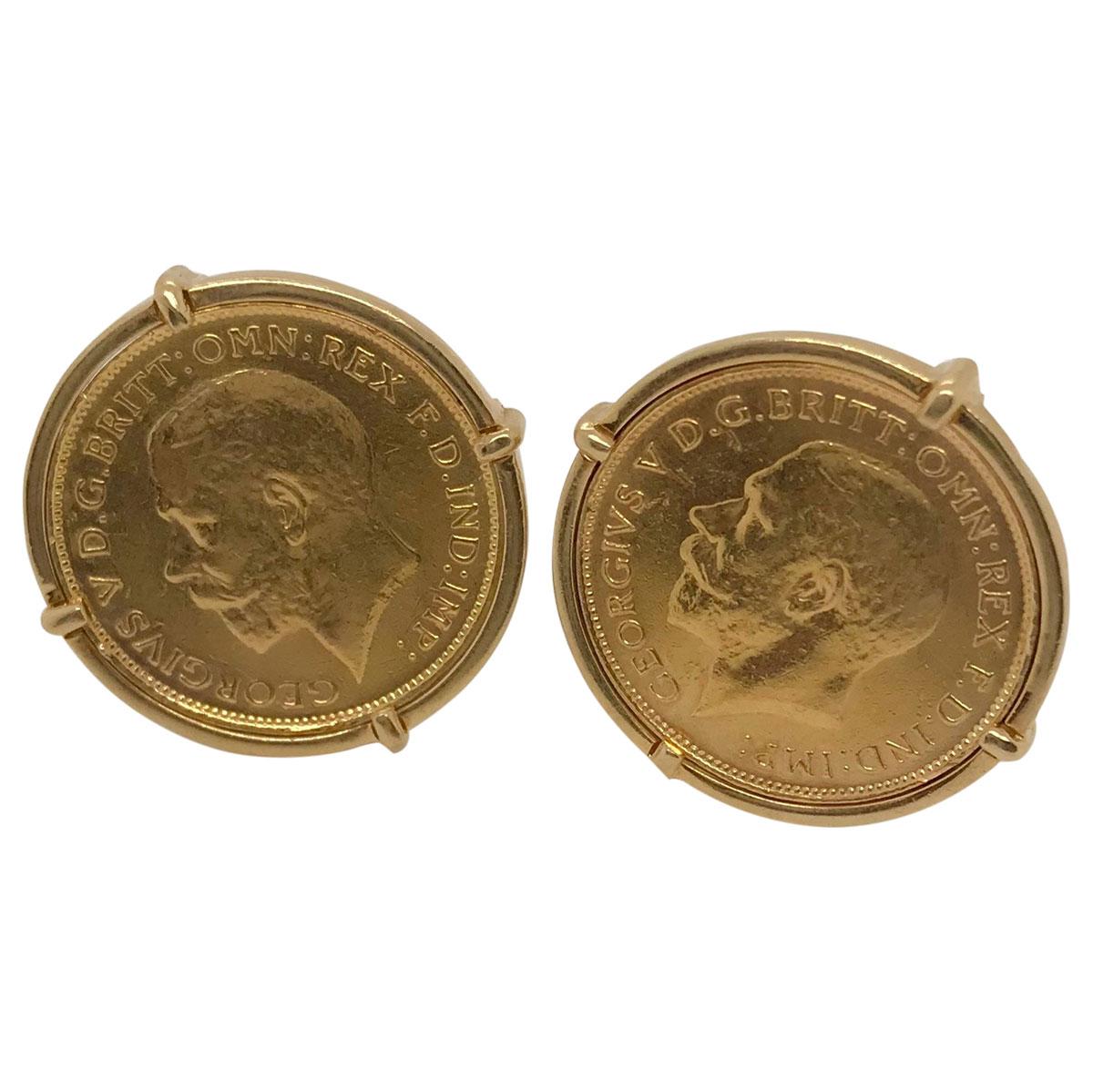 Featuring 18k yellow gold St George V half sovereign coins as the centrepoint of these stylish cufflinks. A unisex design that can be worn on a gents or ladies business shirt or for even more informal attire. The coins are mounted in 18k yellow gold