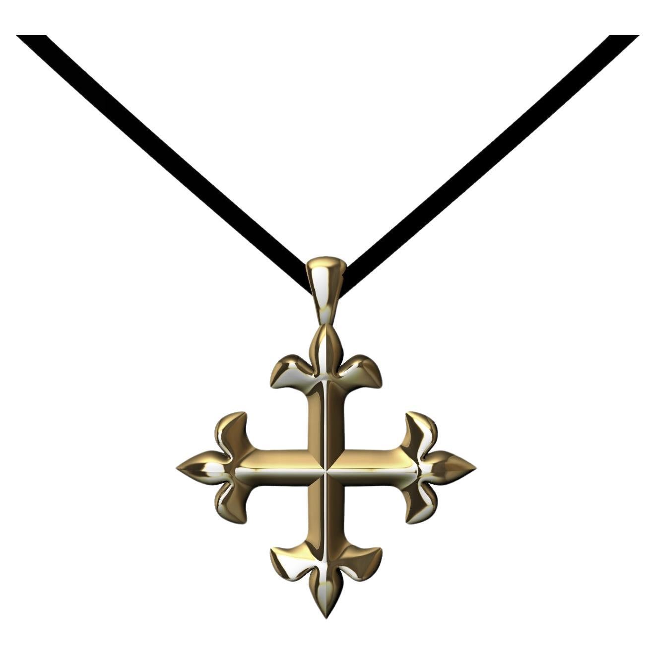 18 Karat Yellow Gold St. Mary's Fleur Di Lys Pendant Necklace, From their stained glass window. This beautiful cross became this free hanging pendant. Matte finished. This is cross a new size, 1 inch x 1 inch or 25.4mm x 25.4mm on a 32 inch ultra