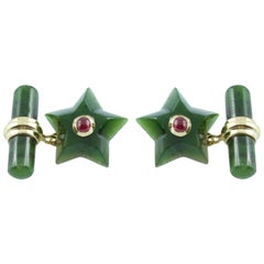 18 Karat Yellow Gold Star Jade and Ruby Cufflinks