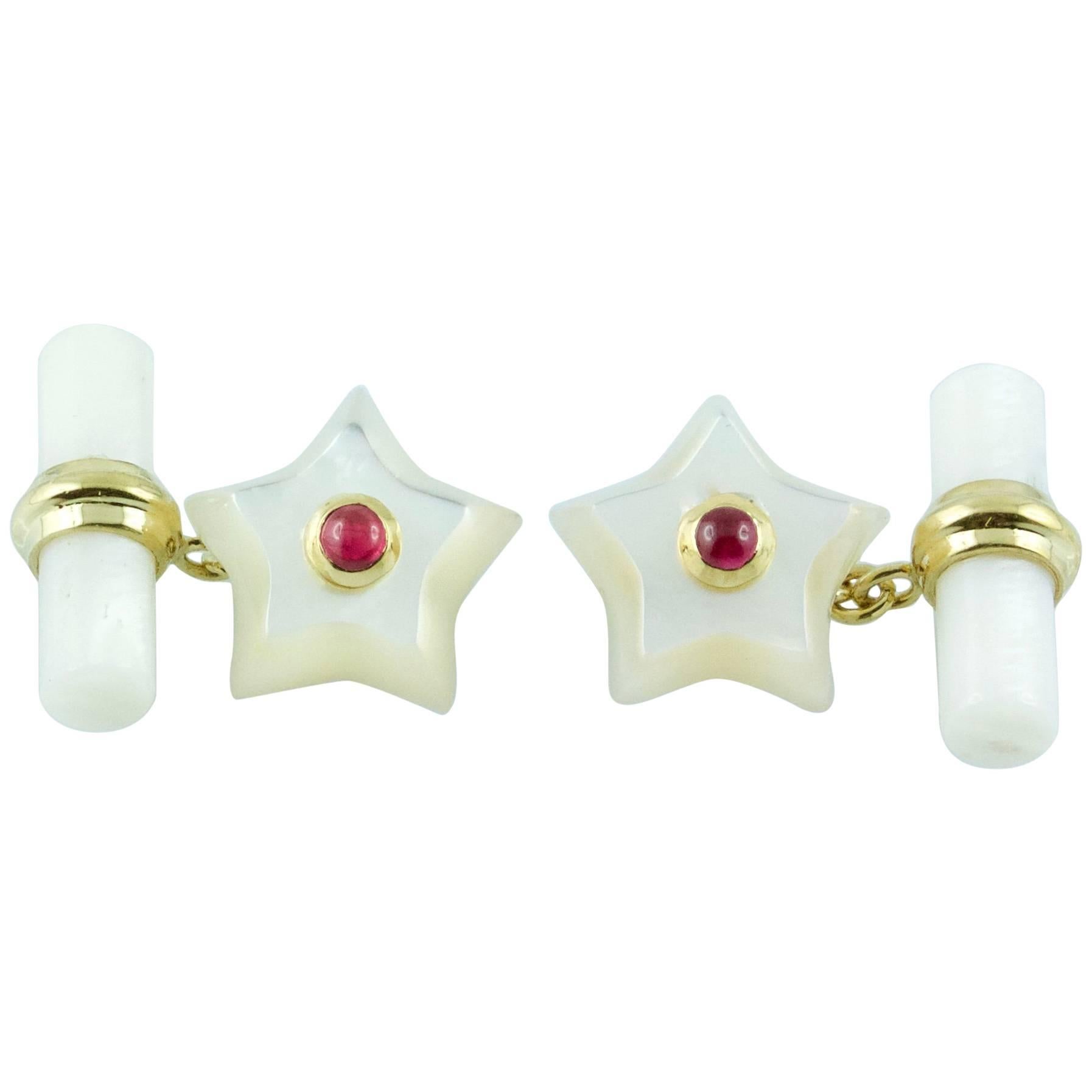 18 Karat Yellow Gold Star Mother-of-Pearl and Ruby Cufflinks