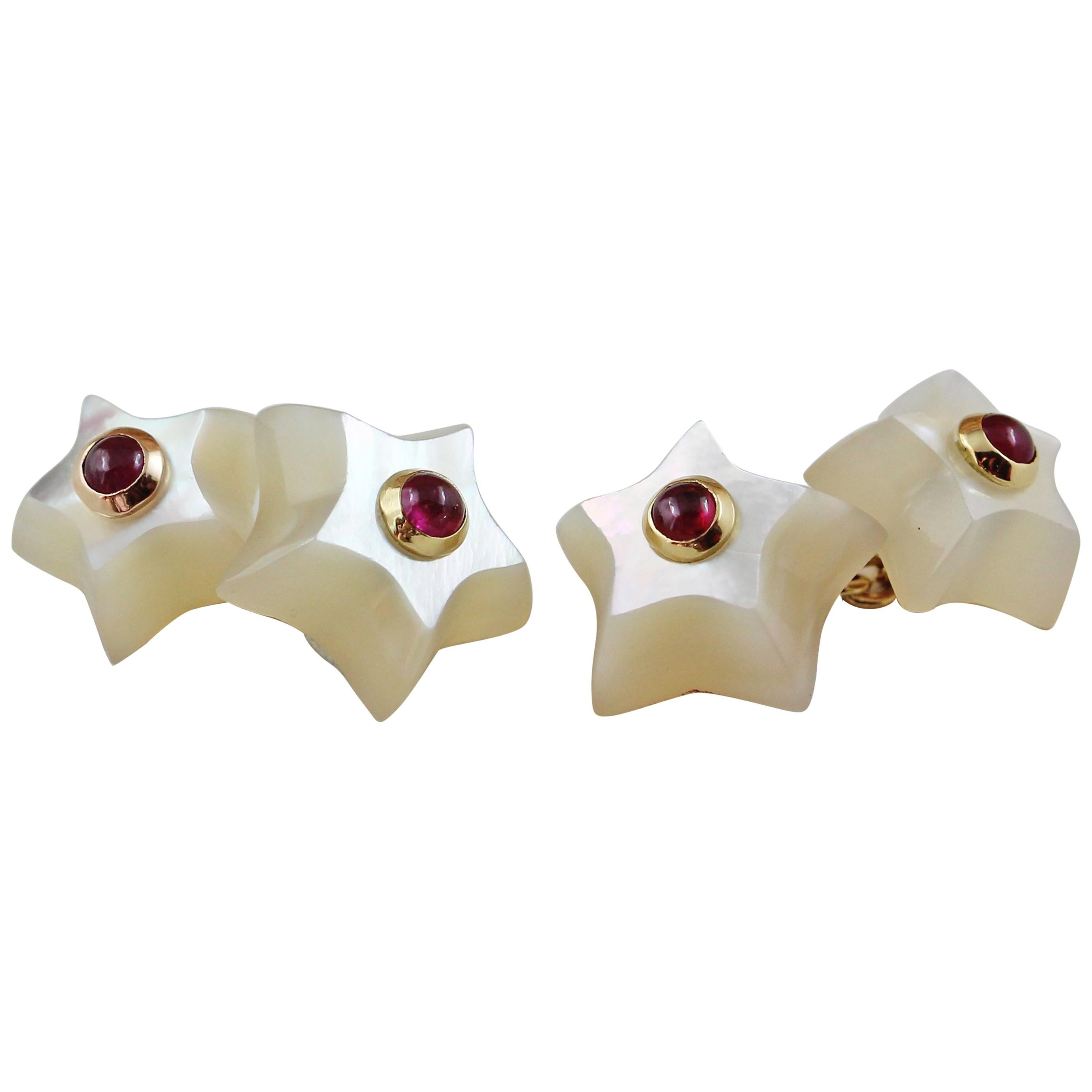 18 Karat Yellow Gold Star Mother of Pearl Ruby Cabochon Cufflinks For Sale