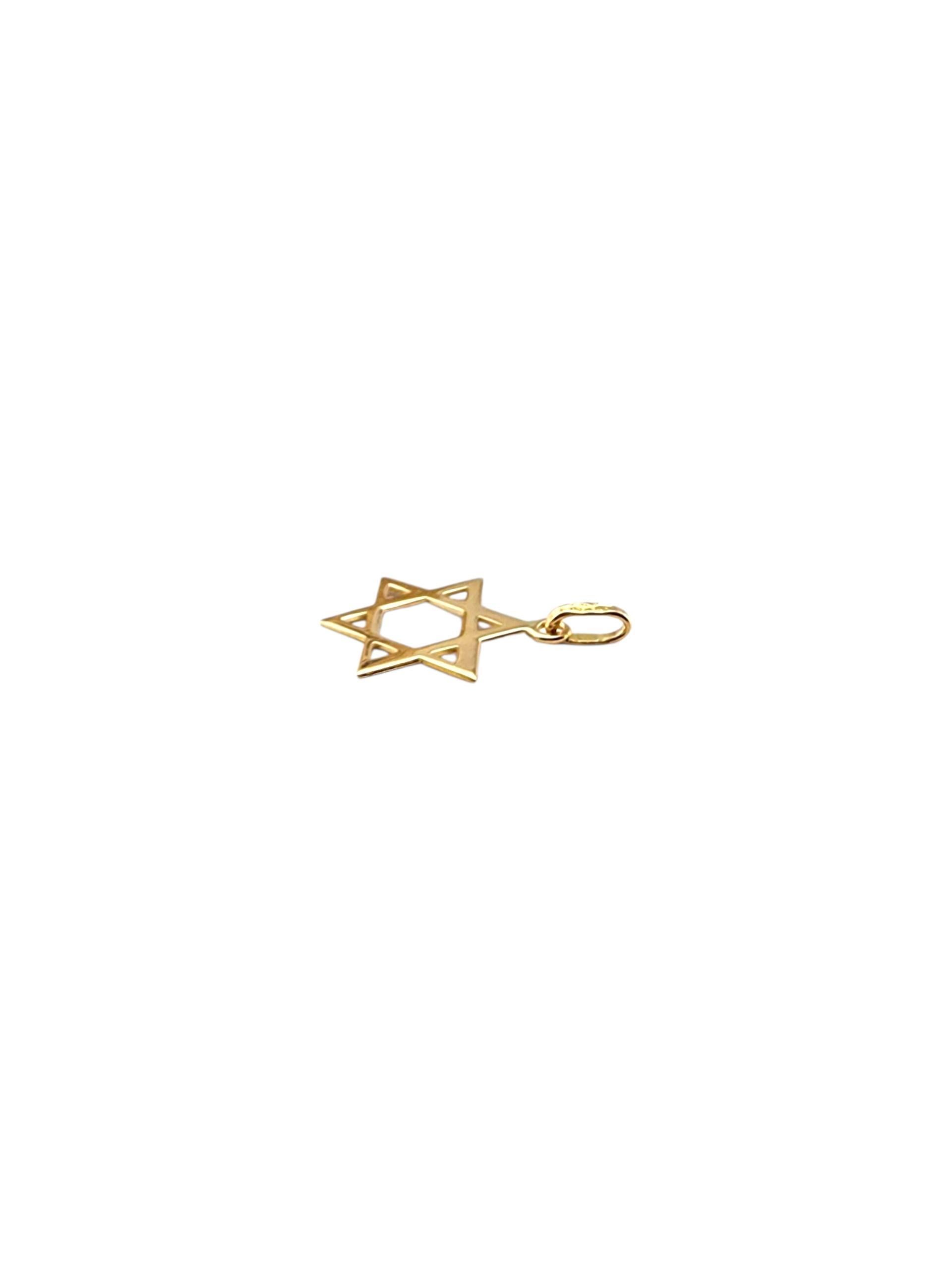 Ciondolo a forma di stella di David in oro giallo 18 carati.

Questo ciondolo a forma di Stella di David in oro giallo 18 carati presenta una finitura lucida e il classico design della stella a sei punte. Realizzato in oro 18 carati, è un simbolo