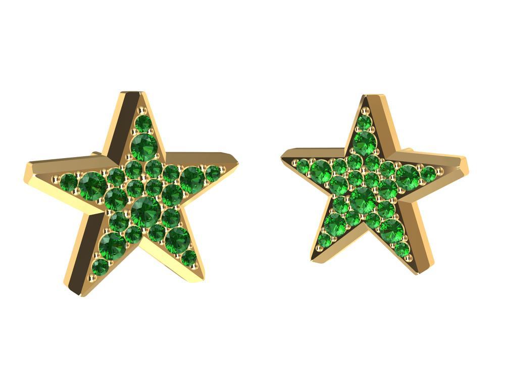 Contemporary 18 Karat Yellow Gold Star Stud Earrings with Emeralds For Sale