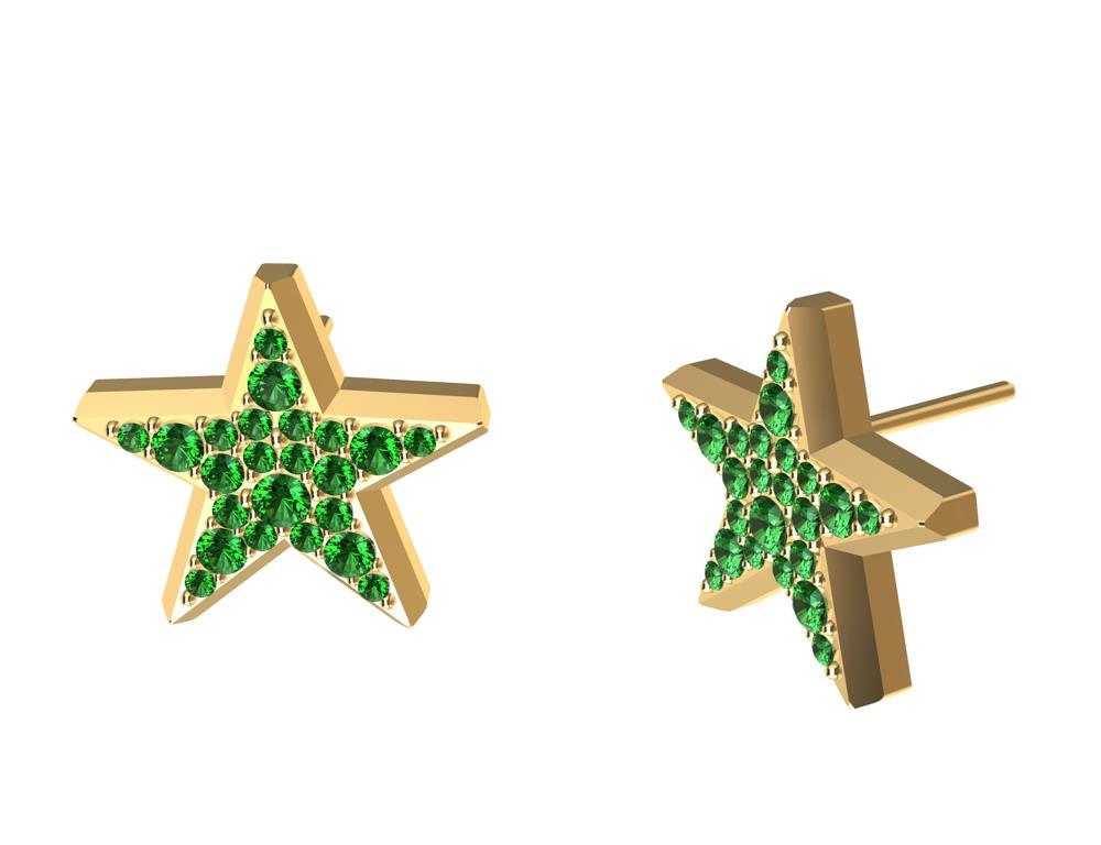 Round Cut 18 Karat Yellow Gold Star Stud Earrings with Emeralds For Sale