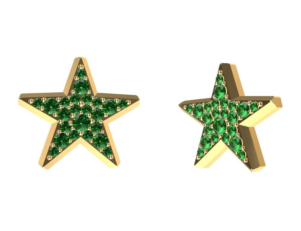 18 Karat Yellow Gold Star Stud Earrings with Emeralds In New Condition For Sale In New York, NY