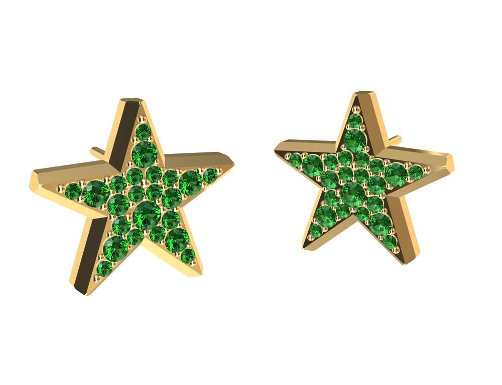 Women's 18 Karat Yellow Gold Star Stud Earrings with Emeralds For Sale