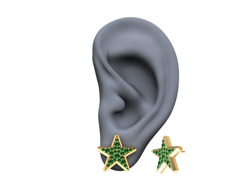 18 Karat Yellow Gold Star Stud Earrings with Emeralds For Sale 1