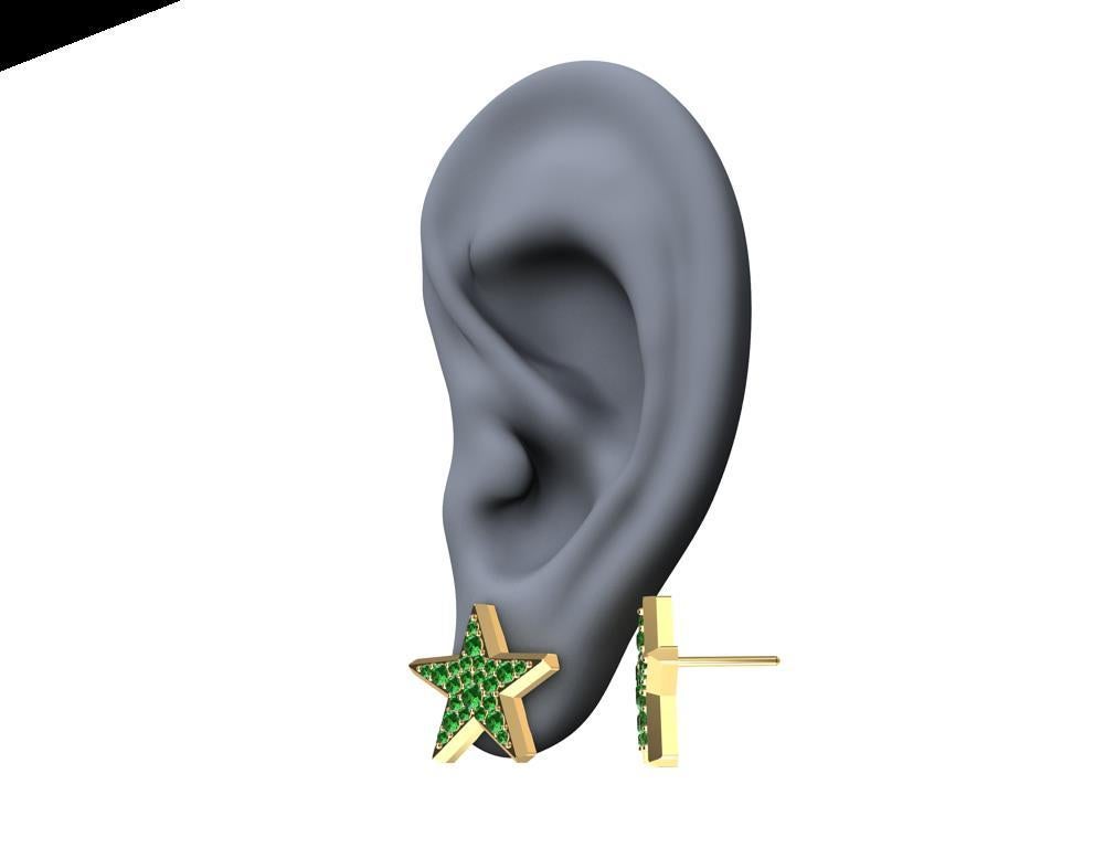 18 Karat Yellow Gold Star Stud Earrings with Emeralds For Sale 2