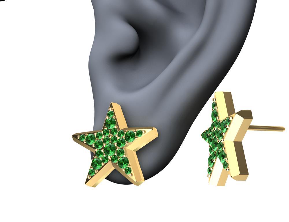 18 Karat Yellow Gold Star Stud Earrings with Emeralds For Sale 3