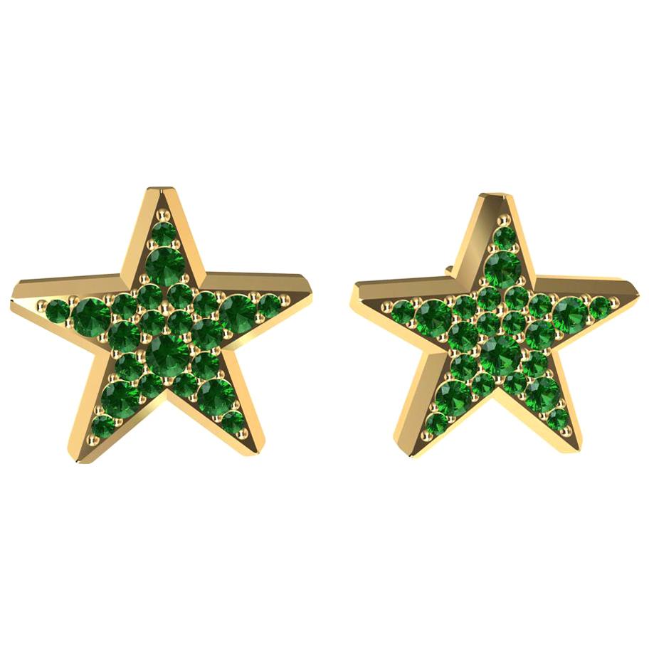18 Karat Yellow Gold Star Stud Earrings with Emeralds For Sale