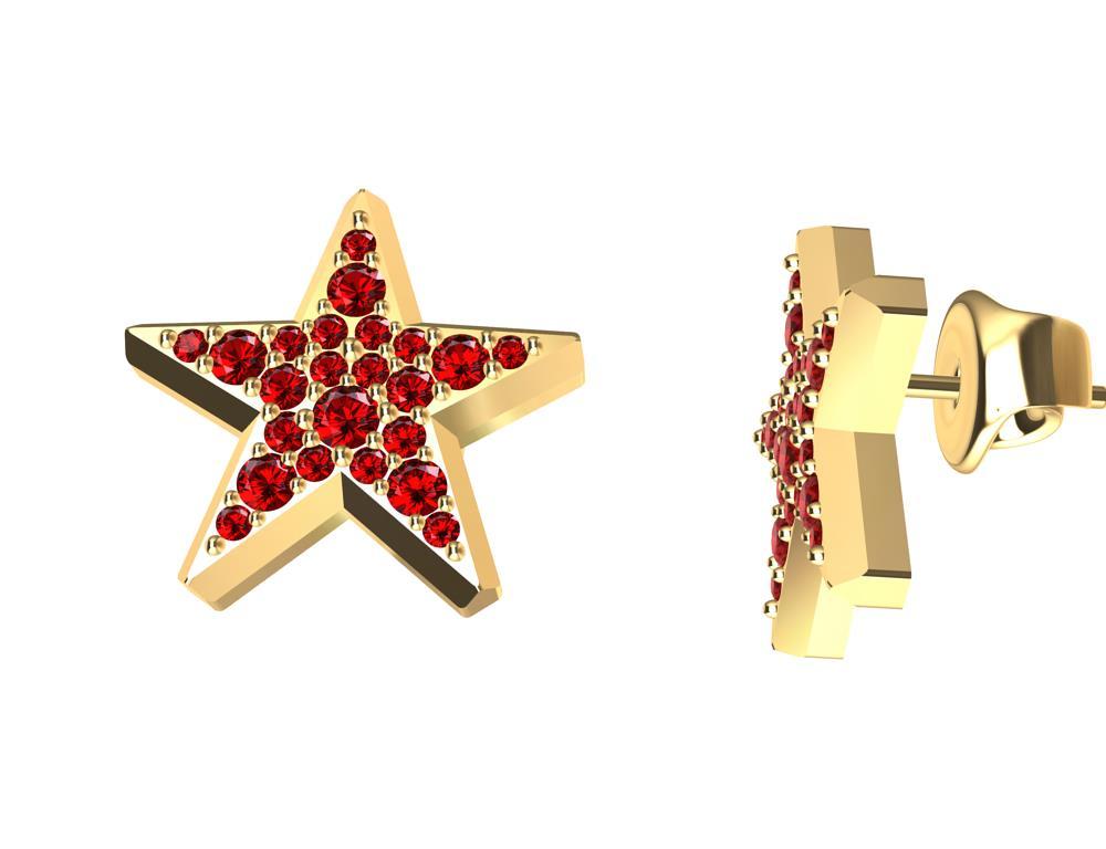 Women's 18 Karat Yellow Gold Star Stud Earrings with Rubies For Sale