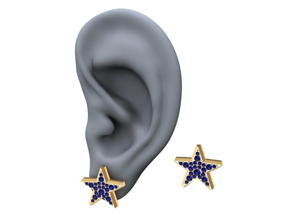 Contemporary 18 Karat Yellow Gold Star Stud Earrings with Sapphires For Sale
