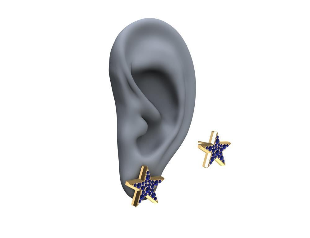 Round Cut 18 Karat Yellow Gold Star Stud Earrings with Sapphires For Sale