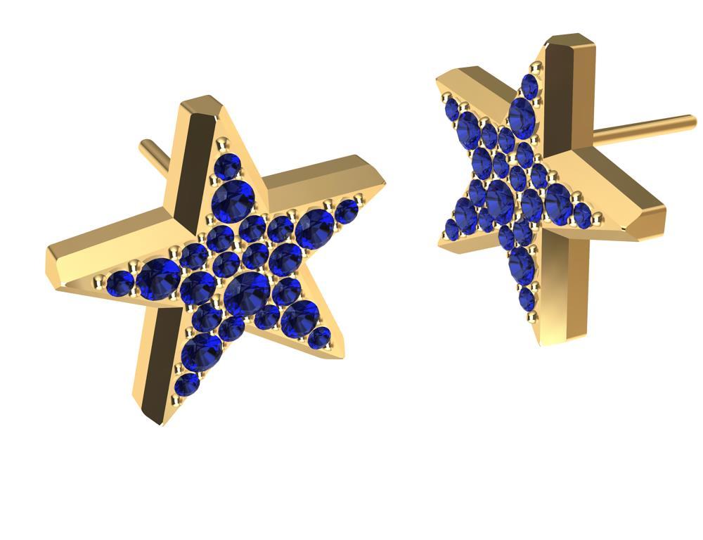 18 Karat Yellow Gold Star Stud Earrings with Sapphires For Sale 1