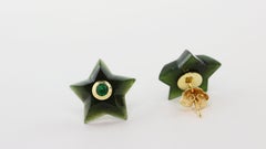 18 Karat Yellow Gold Stars Jade and Emeralds Stud Earrings
