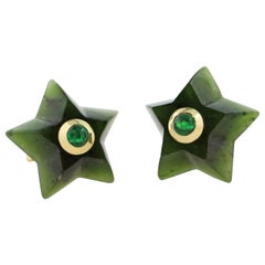 18 Karat Yellow Gold Stars Jade and Emeralds Stud Earrings