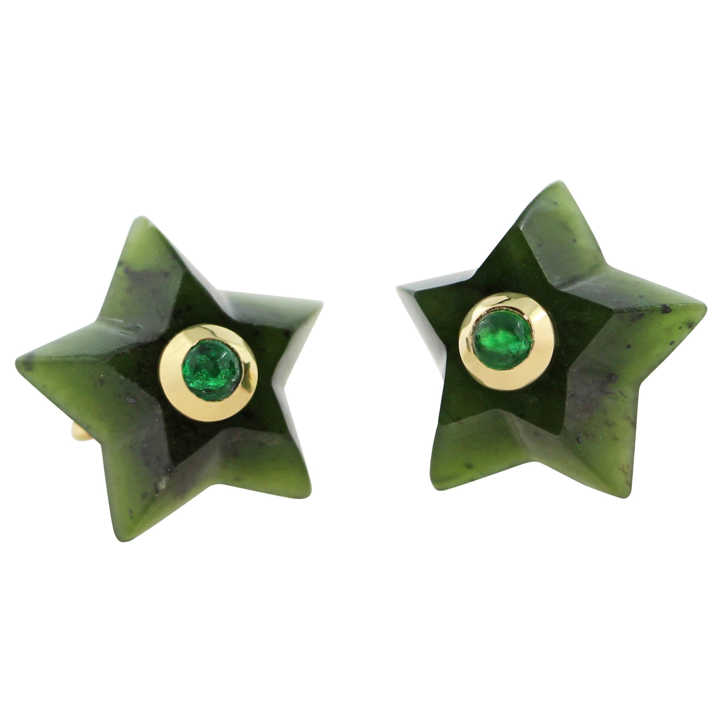 18 Karat Yellow Gold Stars Jade and Emeralds Stud Earrings For Sale